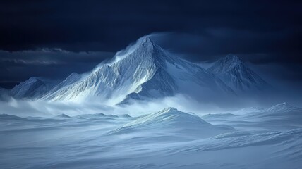 Fototapeta premium Windswept Snow Covered Mountain Peak Under Dramatic Dark Sky