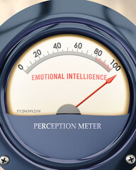 Emotional Intelligence and Perception Meter that is hitting a full scale, showing a very high level of emotional intelligence, overload of it, too much of it. Maximum value. ,3d illustration