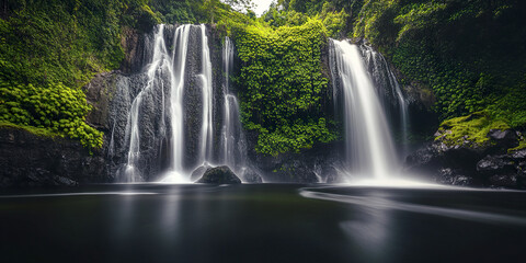 Fototapeta premium dramatic long exposure of cascading waterfalls surrounded by lush greenery