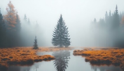 Fototapeta premium Misty Autumn Forest Reflection.