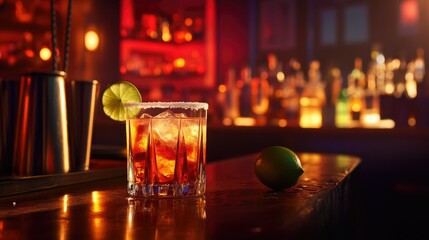 A refined margarita with a salted rim and lime garnish, glowing under warm bar lighting, set for a stylish evening.