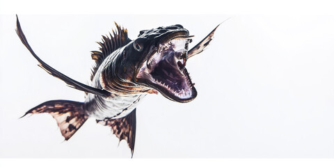 fierce looking fish with open mouth and sharp teeth in mid swim