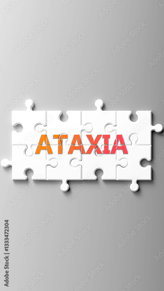 Poster Ataxia complex like a puzzle - pictured as word ataxia on a puzzle pieces to show that ataxia is complex and needs cooperating pieces that fit together. ,3d illustration