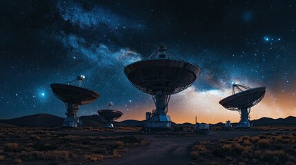 A remote observatory with giant satellite dishes under a breathtaking starry sky, capturing the beauty of space exploration