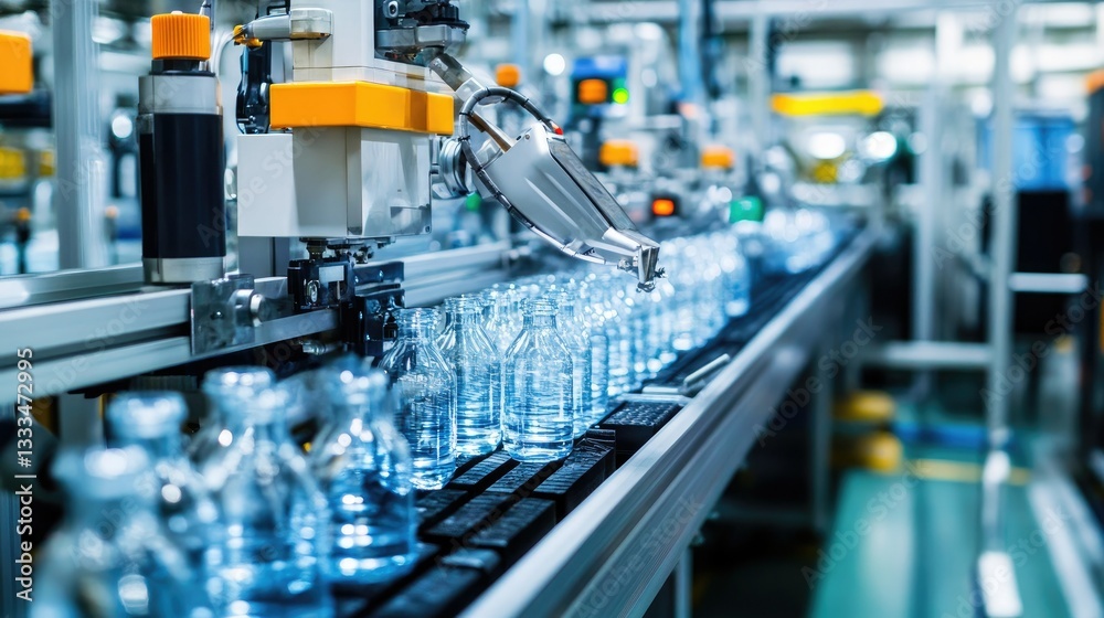 Poster a robotic assembly line where machines efficiently fill and seal bottles in a clean factory.