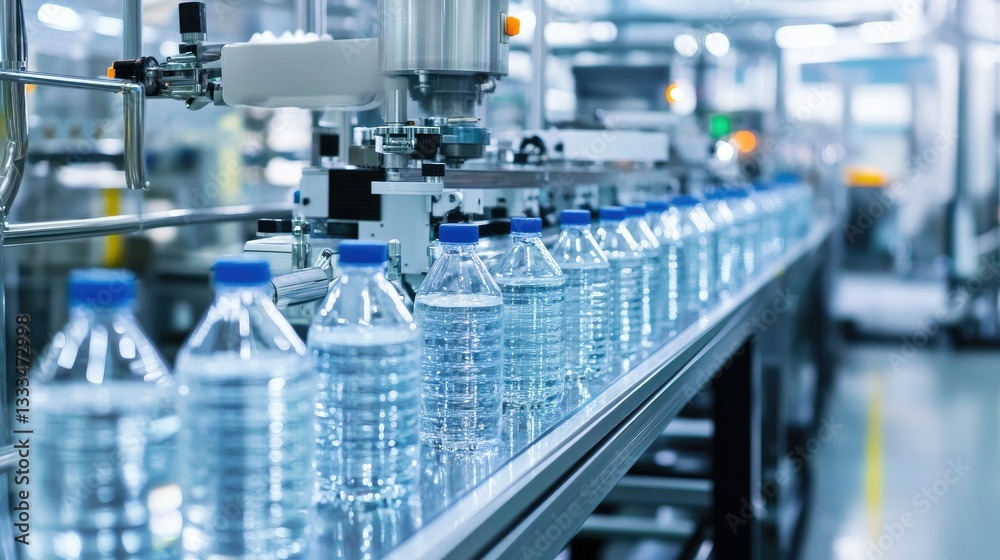 Poster a robotic assembly line where machines efficiently fill and seal bottles in a clean factory.