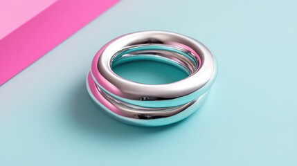 Fototapeta premium A modern silver ring with an asymmetric sculptural shape, placed on a gradient neon blue-to-pink background.