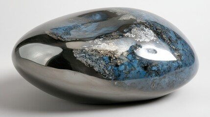 A polished larvikite gemstone with its deep blue and silver sheen reflecting light beautifully.
