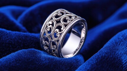 A polished silver ring with intricate engravings, elegantly placed on a deep blue velvet background.