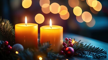 Glowing Christmas Candles in Soft Light Against Dark Background