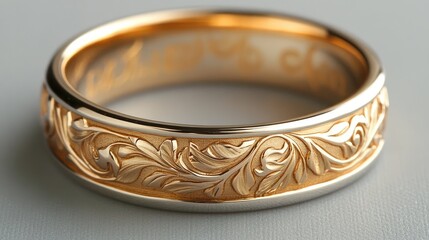 A precision laser engraving intricate designs on a gold ring, set against a metallic silver background.