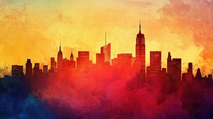 Obraz premium Vibrant New York City Skyline Silhouette at Sunset in Textured Artistic Style