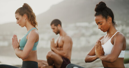 Breathing, nature and meditation for group, peace and spiritual practice for wellness, calm or zen. Faith, chakra and self awareness for people, mindfulness or yoga with cognitive benefits or outdoor