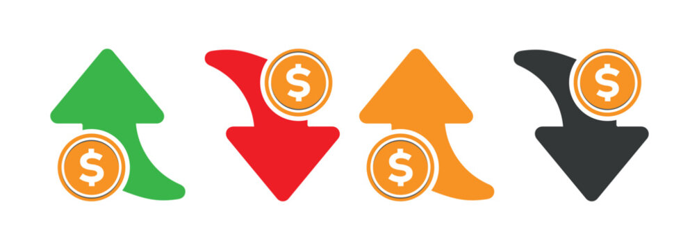 Graph going Up and Down sign with green and red arrows vector. icon with arrow moving down and sales bar chart with arrow moving up.  Flat design vector illustration