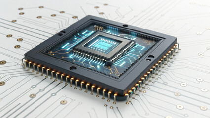 close up of quantum computer chip with intricate circuits and glowing elements, showcasing advanced technology and innovation. chip is set against detailed circuit board background