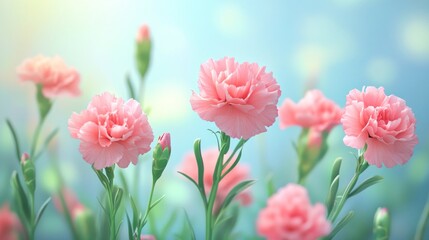Fototapeta premium Blooming Pink Carnations in a Field of Flowers with Soft Light