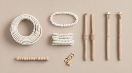 Fototapeta premium A set of jewelry assembly tools and high-quality gold clasps arranged neatly on a neutral taupe background.
