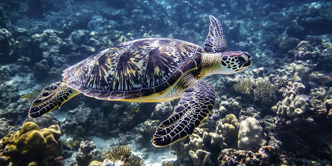 Obraz premium hawksbill turtle gliding over vibrant coral reef