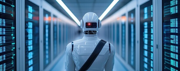 Robot analyzing data in high-tech server room technology center digital art indoor rear view innovation