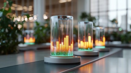 Innovative light display showcasing sound waves modern office digital art indoor environment close-up viewpoint