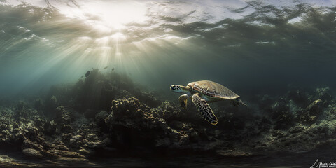 Obraz premium hawksbill turtle swims gracefully over coral reef under sunlit waters