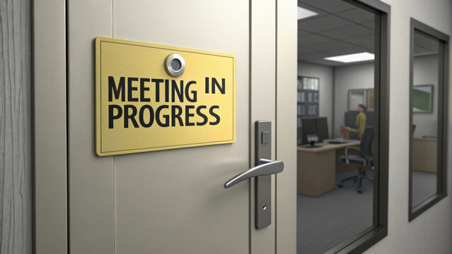 yellow Meeting in Progress sign is displayed on office door, indicating ongoing meeting inside modern office space. room is visible through window, showing person at desk