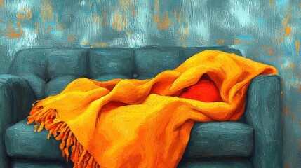 Cozy Couch with Vibrant Orange Blanket and Bold Red Cushion in Contemporary Living Room