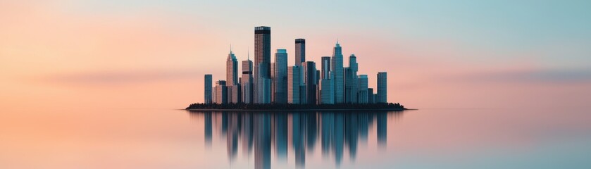Fototapeta premium Urban skyline reflection at sunset cityscape digital art tranquil environment aerial view modern concepts