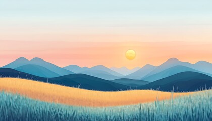 Obraz premium Sunset over rolling hills and fields.