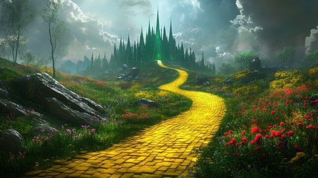 Enchanted yellow brick road leading to magical emerald city in springtime , Fantasy, Oz, Magicians