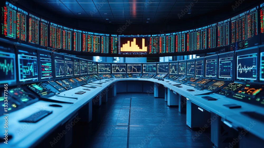 Poster High tech control room with multiple monitors displaying data and graphs