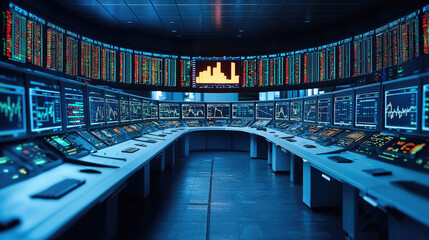 High tech control room with multiple monitors displaying data and graphs