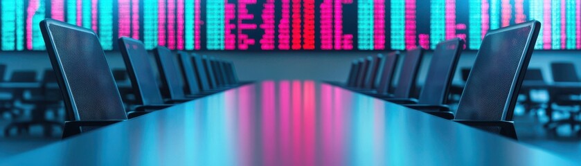 Corporate meeting setup with digital stock market display office environment professional viewpoint virtual insights