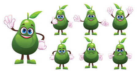 Set of cartoon avocado characters with various facial expressions and gestures. Vector illustration