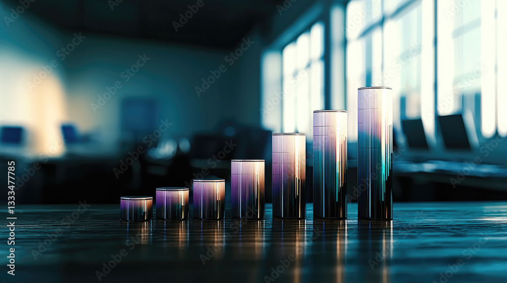 Poster visually striking bar chart representing growth, with metallic bars reflecting light in modern offic