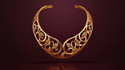 Exquisite gold necklace with artistic filigree detailing on a deep maroon background.