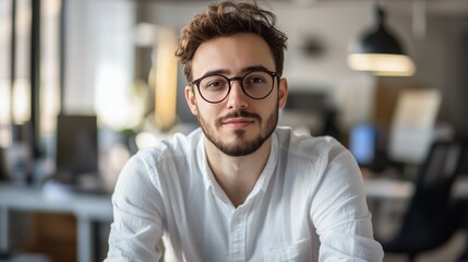 Obraz premium Young professional exuding confidence in a modern workspace, embodying creativity and focus.