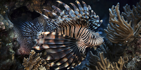 Lionfish swimming through vibrant coral reef
