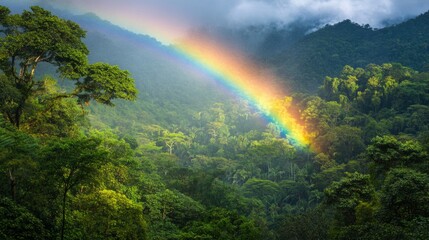 Lush Rainforest Landscape With Vibrant Rainbow Arch