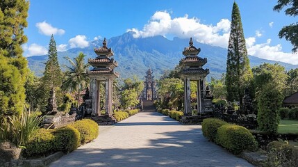 Pathway to Serenity: A Balinese Temple Gate with Majestic Mountain View
