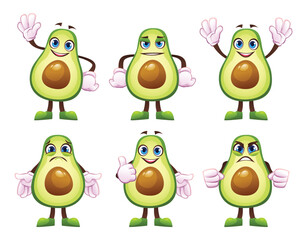 Set of cartoon avocado characters showing different expressions and actions. Vector illustration