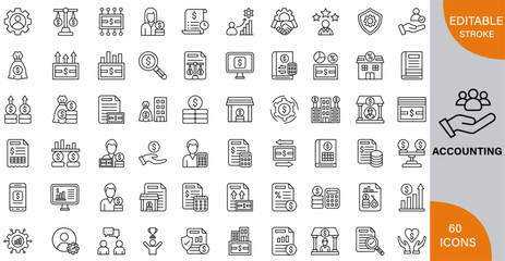 Accounting, Principles, Financial Management & Business Strategies icon pack | Detailed Outline | Editable Stoke 60 icon | Victor illustrator.