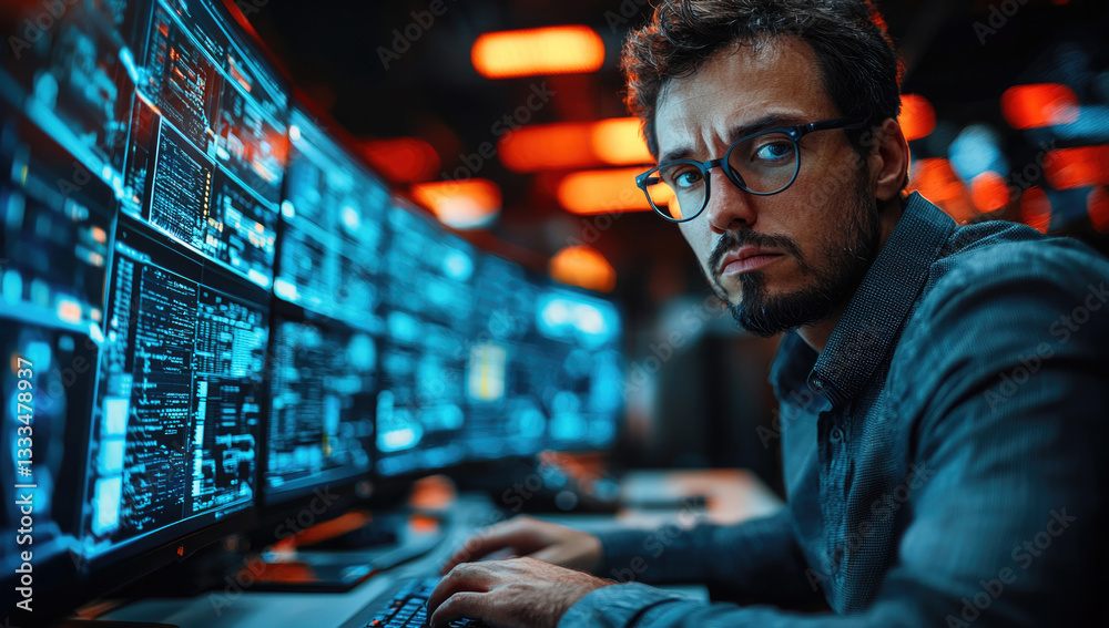 Poster Focused man working on multiple computer screens in cybersecurity environment, analyzing data and monitoring systems