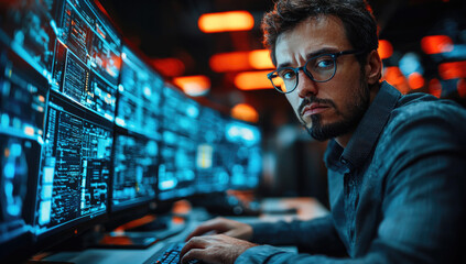 Focused man working on multiple computer screens in cybersecurity environment, analyzing data and monitoring systems