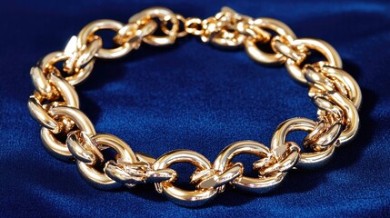 Fototapeta premium Luxurious gold chain necklace with a radiant shine on a rich blue velvet backdrop.