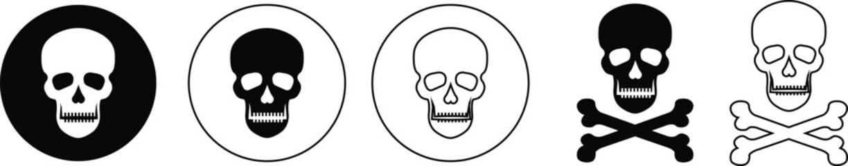 Skull crossbone pirate icon set logo Halloween ghost graphic danger anatomy symbol Silhouette. Cartoon skull death flat and line vector collection isolated on transparent background for apps and game