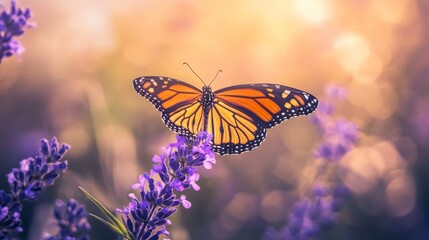 Obraz premium Monarch Butterfly Resting on Lavender Flowers at Sunset