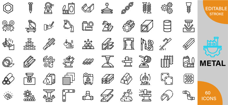 Metal, Types, Properties, Uses & Industrial Applications icon pack | Detailed Outline | Editable Stoke 60 icon | Victor illustrator.