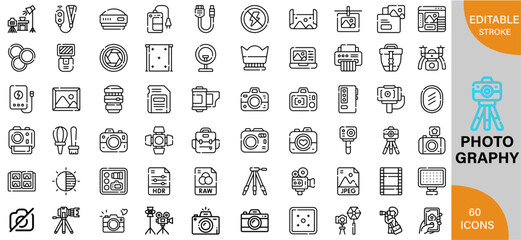 Photography, Tips, Techniques & Gear for Stunning Shots icon pack | Detailed Outline | Editable Stoke 60 icon | Victor illustrator.