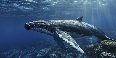 Fototapeta premium Majestic humpback whale gliding through vibrant coral reef waters